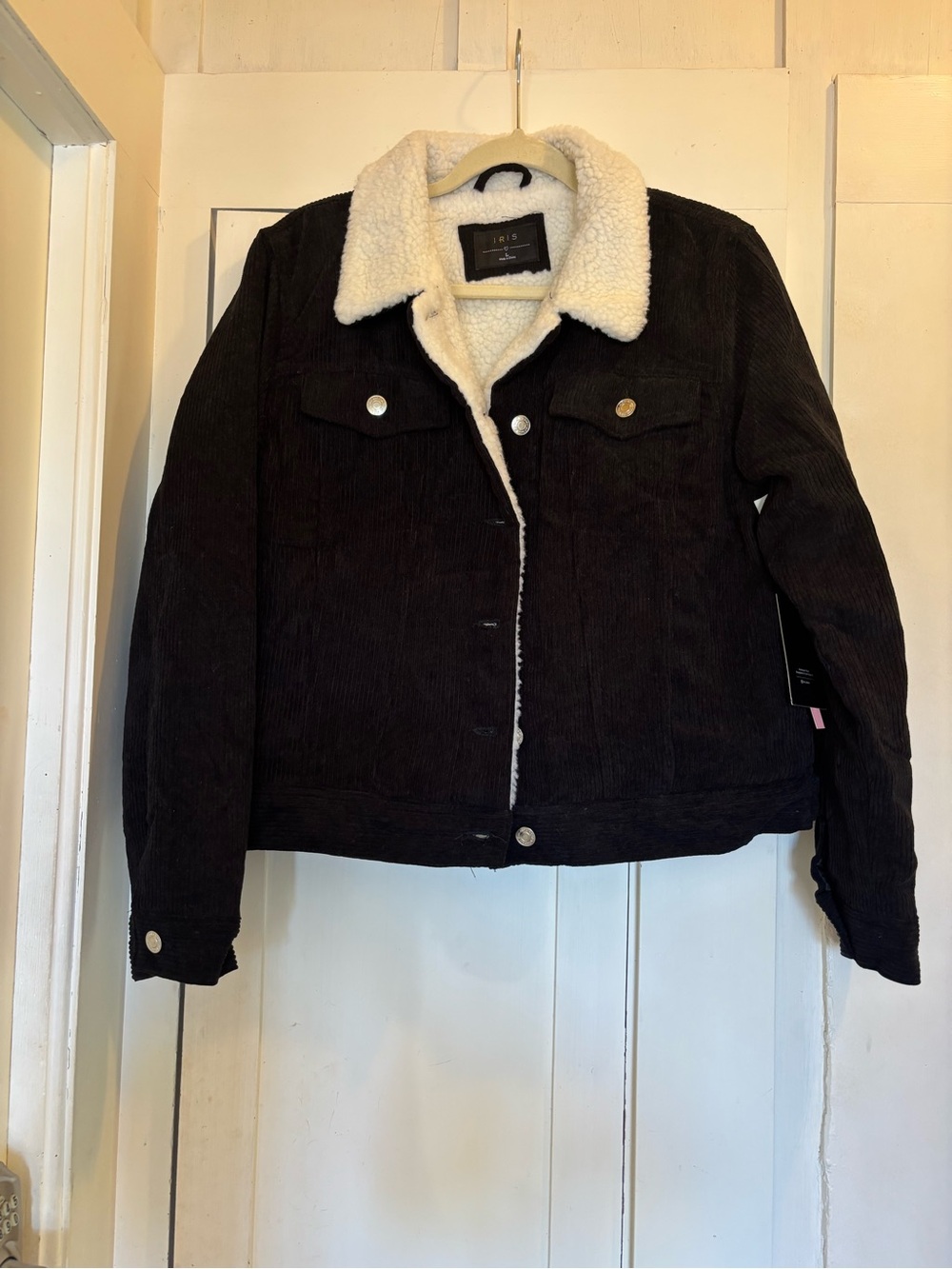 iris Black Corduroy Teddy-Lined Jacket with Cream Sherpa Collar NWT